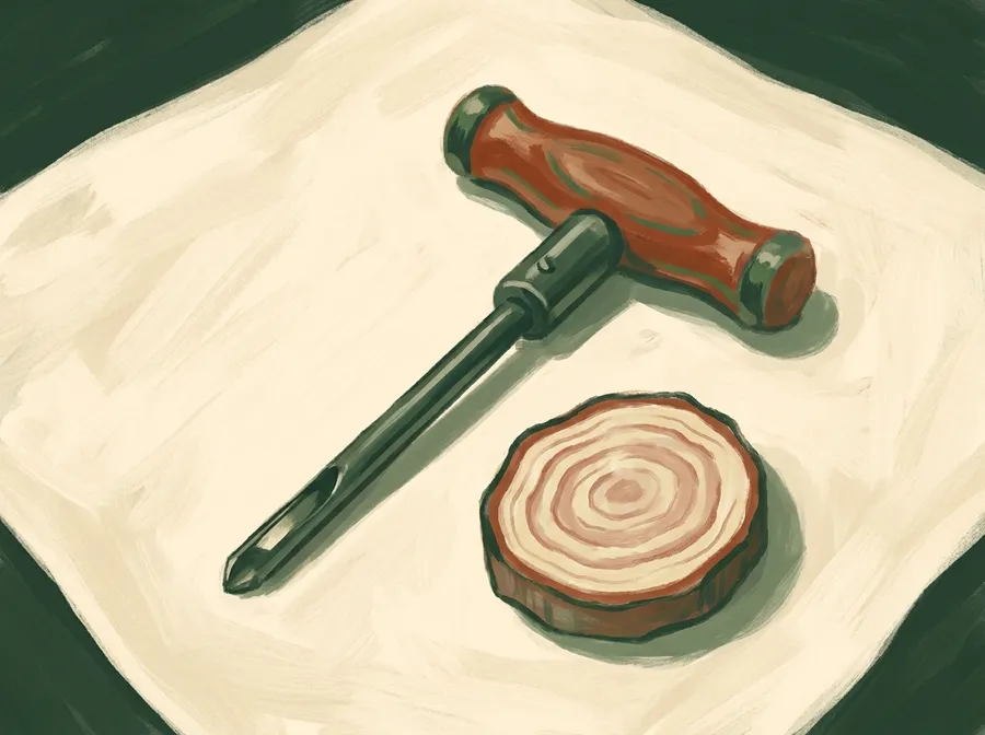 Illustrated increment borer tool resting beside a small wood sample, no hands in frame