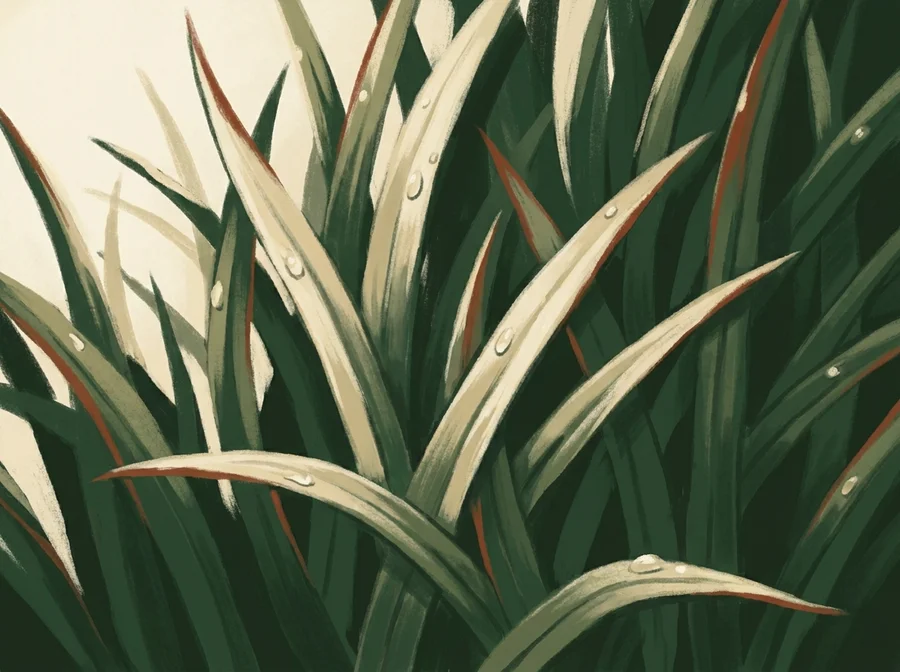 Illustrated close-up of healthy mown turf blades with dew highlights