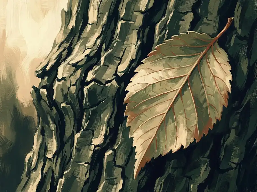 Illustrated close-up of elm tree bark beside a single elm leaf